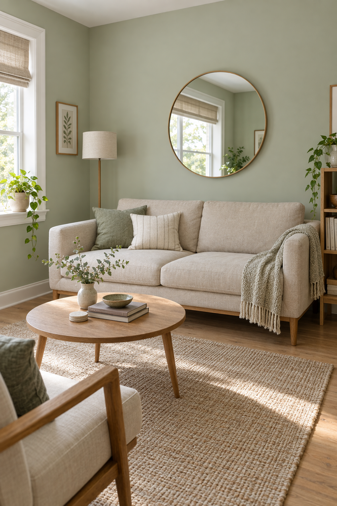 Small green living room with low-profile furniture and mirror