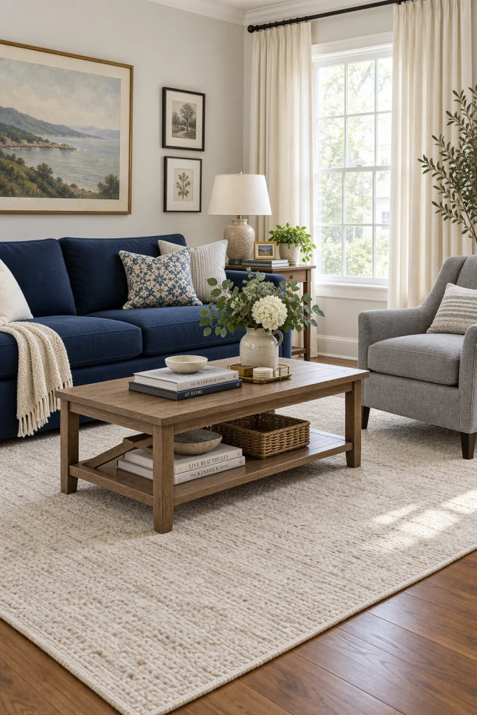 Navy blue sofa balanced with cream rug and grey accent chair