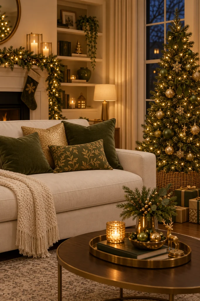 Living room holiday decor with olive green and gold pillows