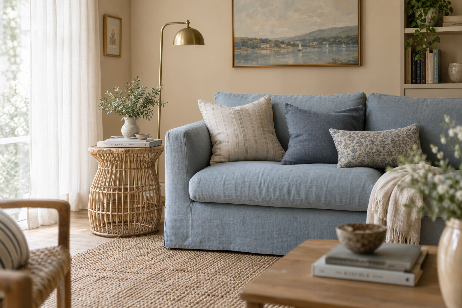 Dusty blue sofa in beige living room with rattan side table