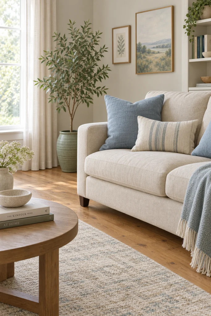 Beige sofa with dusty blue pillows and sage green plant accent