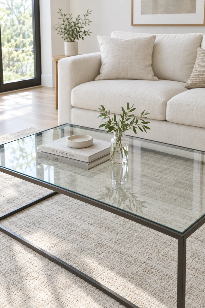 Glass coffee table keeping a light living room feeling open and airy
