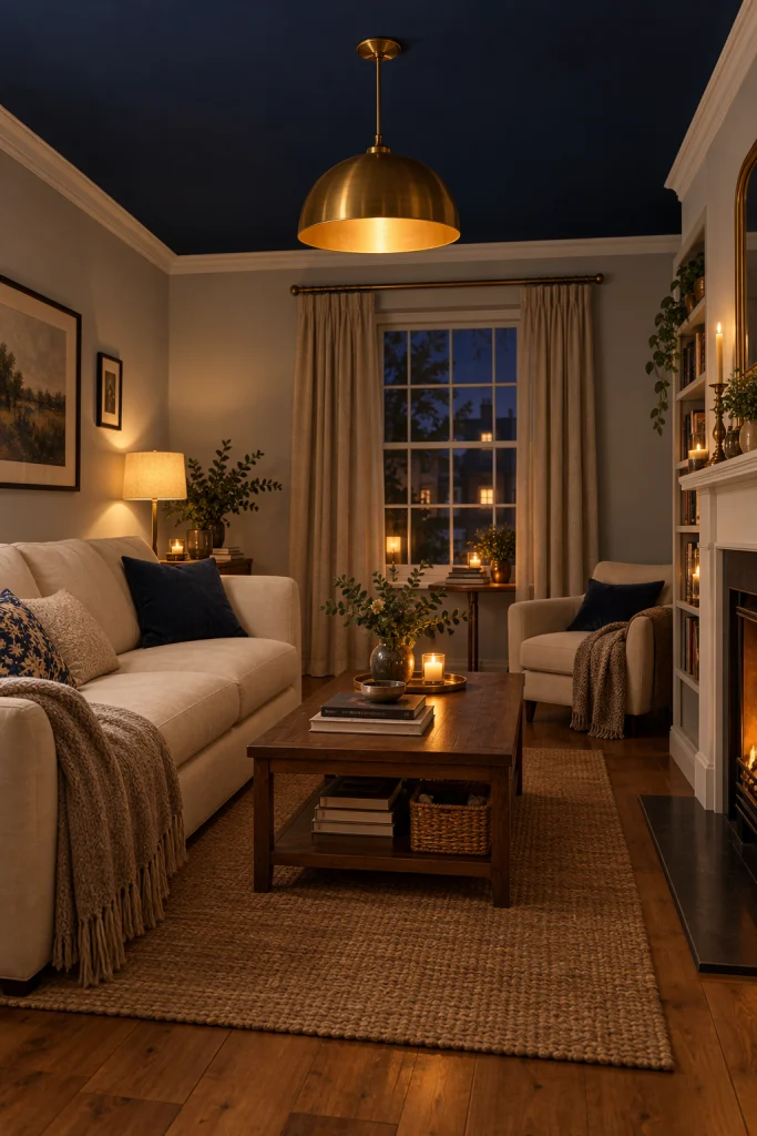 Navy blue painted ceiling above grey living room walls