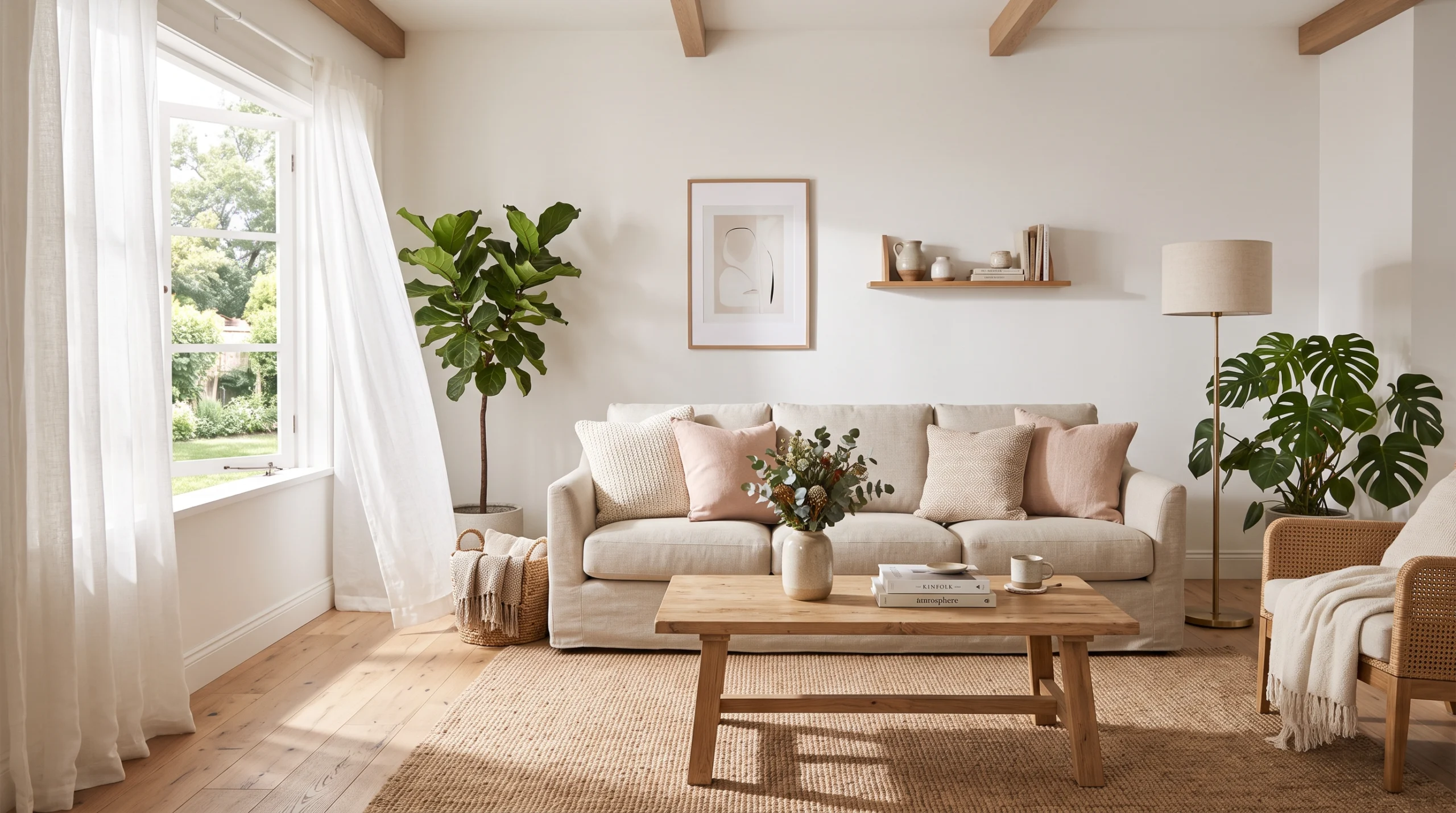 Bright living room with white walls, oatmeal linen sofa, and light oak coffee table in natural daylight