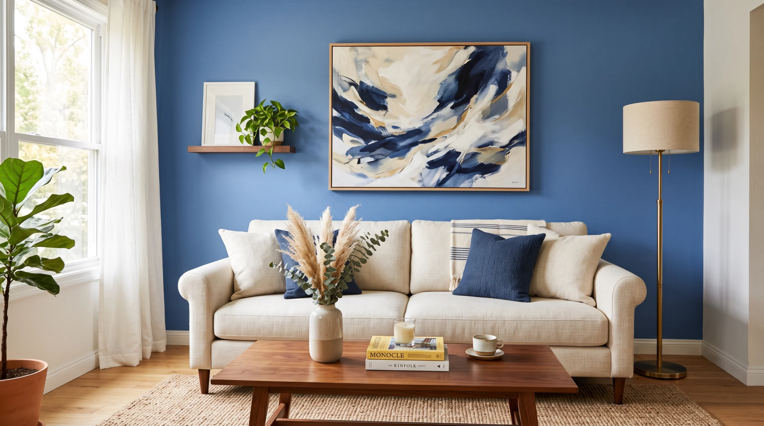 Cornflower blue accent wall behind a cream sofa in a stylish living room