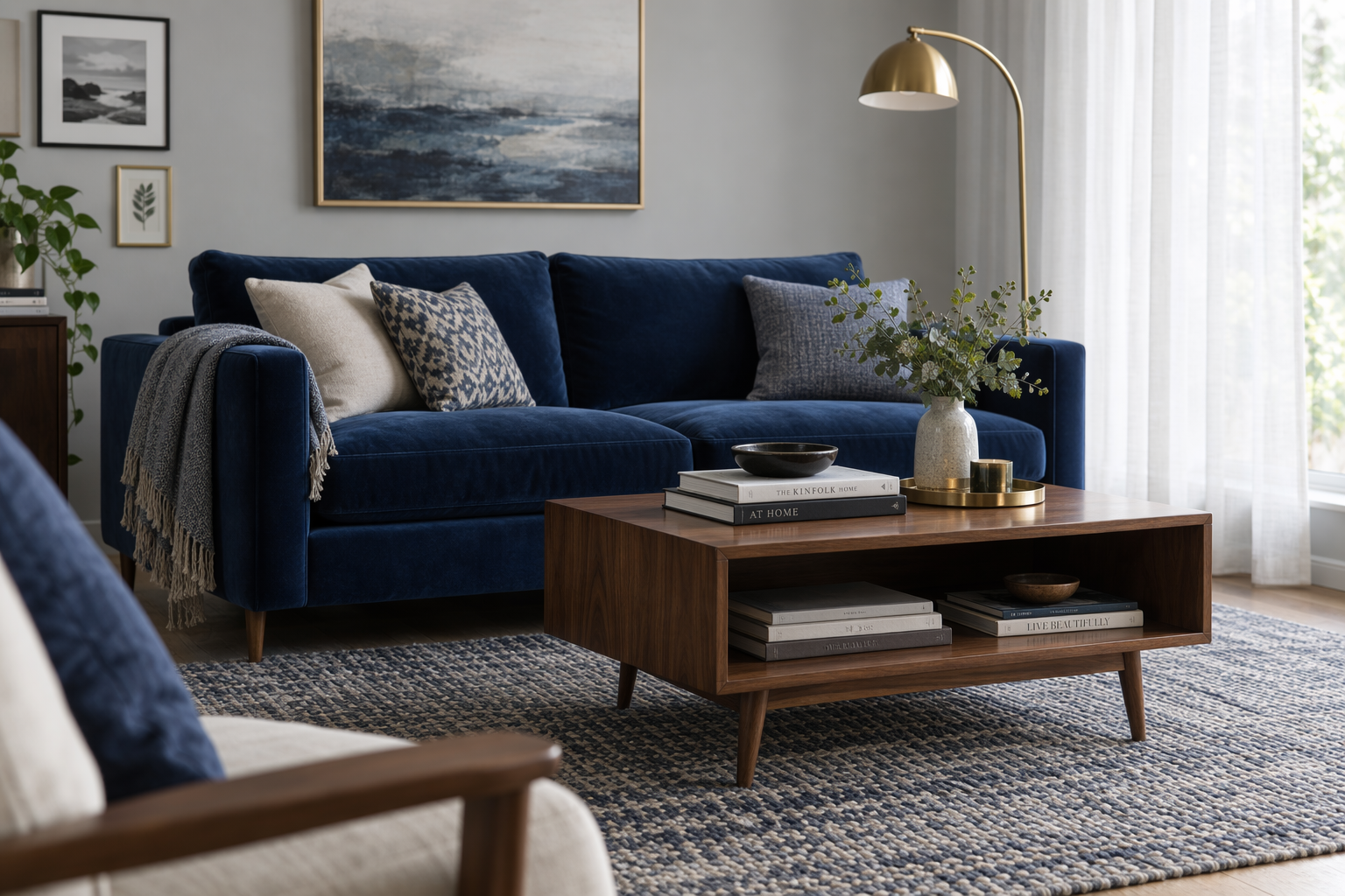 Navy blue velvet sofa in light grey living room with brass lamp
