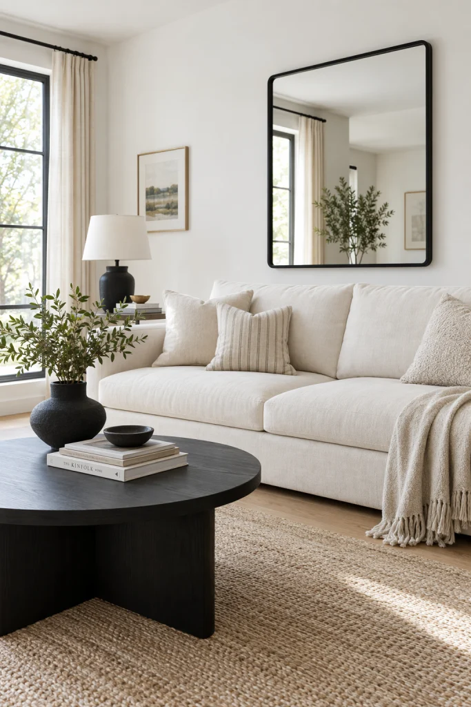 Light living room with one deliberate dark accent mirror for contrast