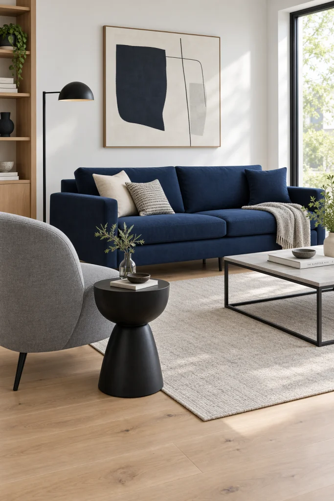 Contemporary living room with navy blue sofa and grey accent chair