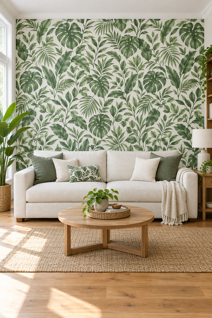 Green and white botanical wallpaper accent wall in a living room