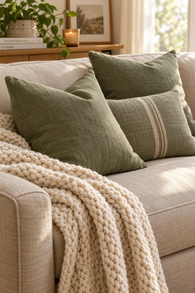 Beige linen sofa with sage green throw pillows