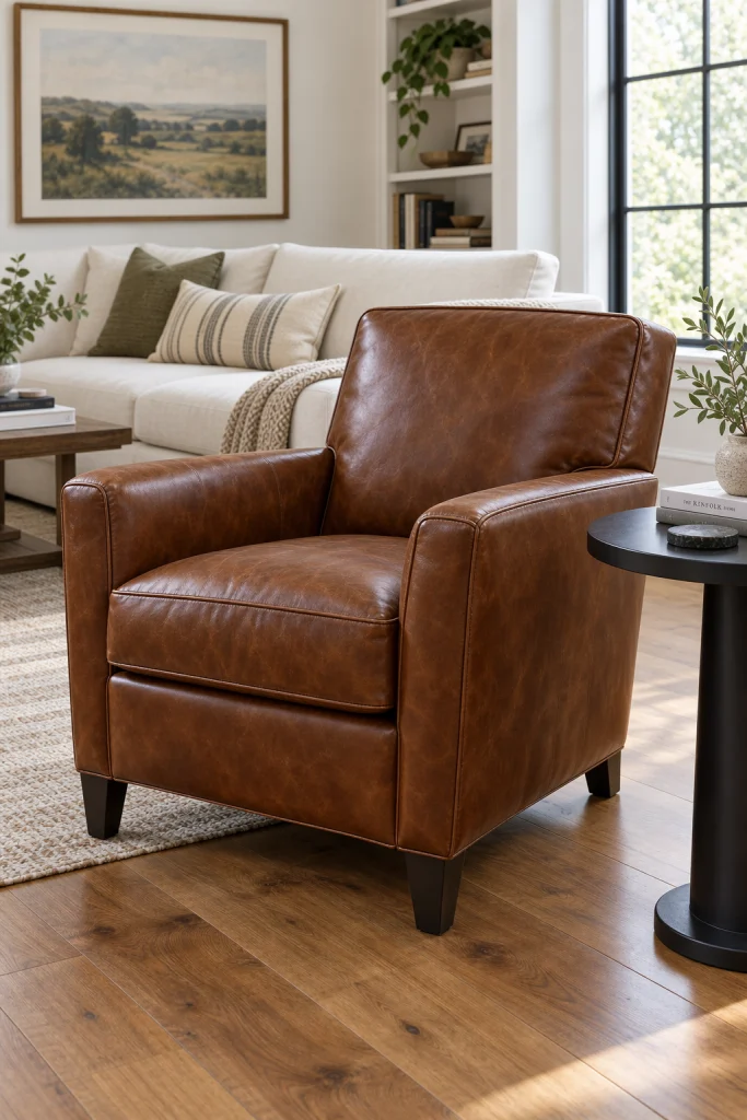 Brown leather armchair as focal point in living room