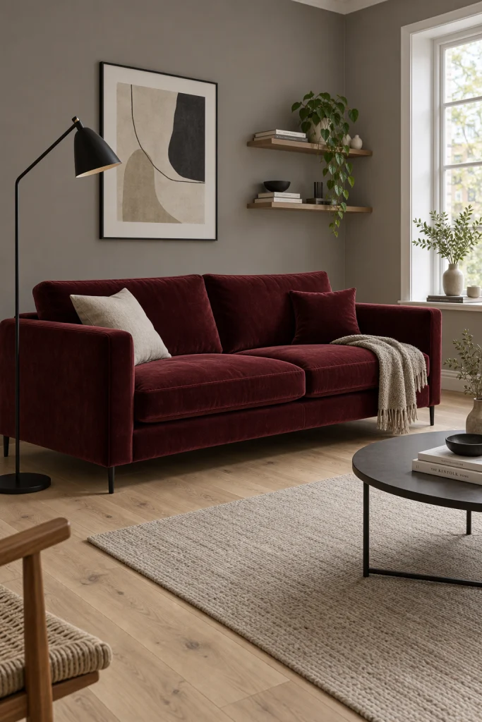 Burgundy velvet sofa against warm grey living room walls