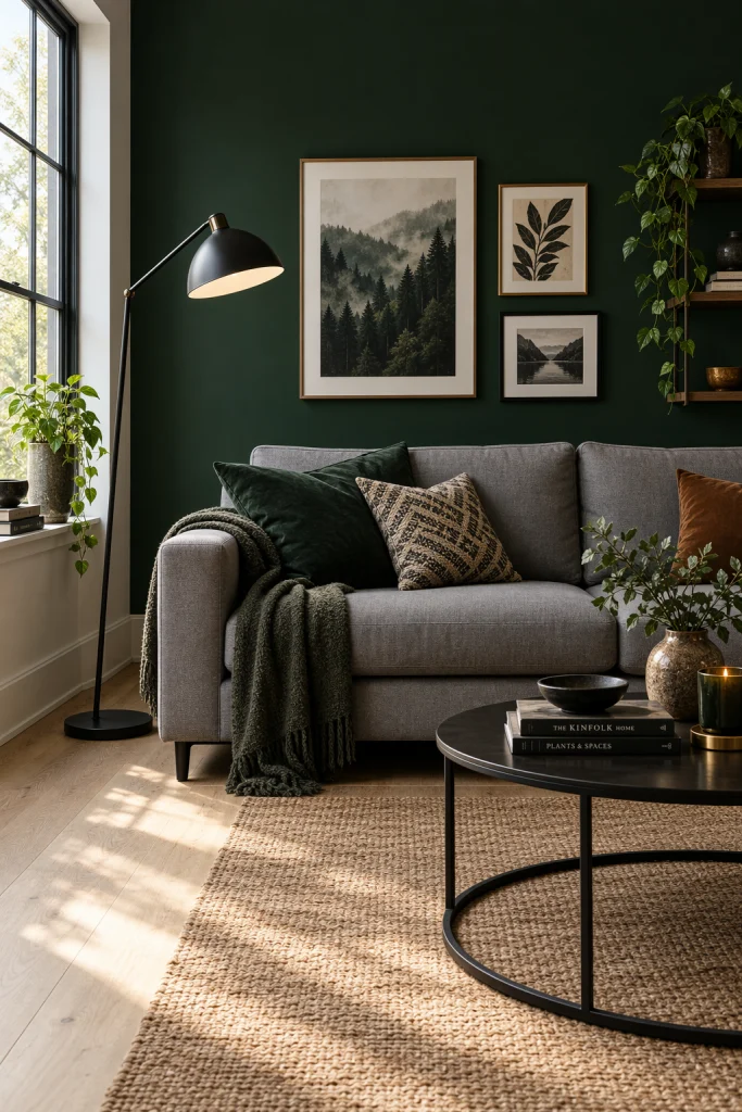 Dark green accent wall behind grey sofa in living room
