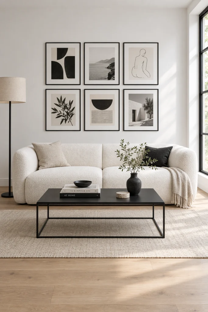 White couch styled with black accents and framed art for a high contrast living room