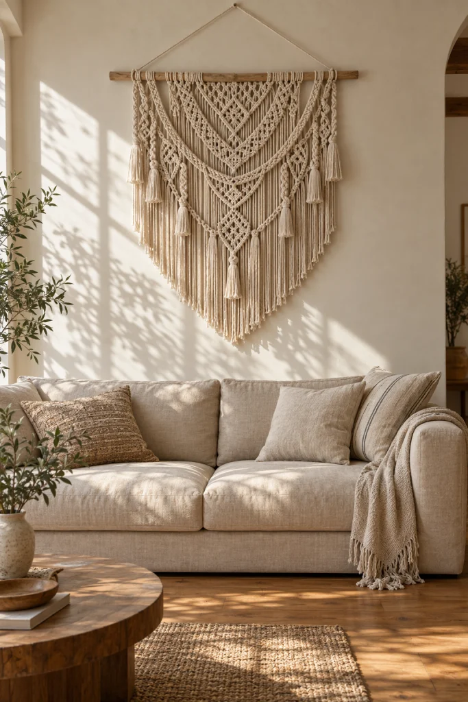 Macrame wall hanging above a sofa in a modern boho living room