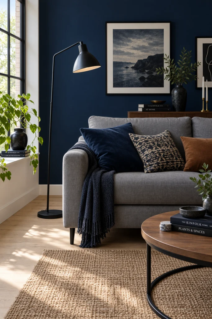 Navy accent wall behind grey sofa in living room