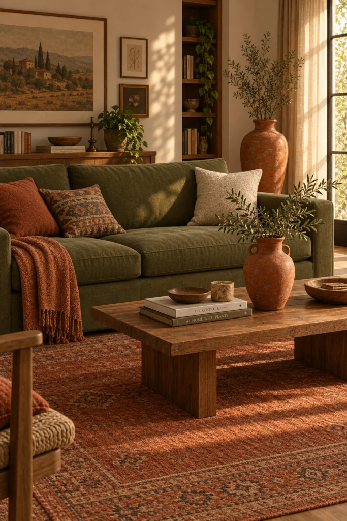 Olive green sofa styled with terracotta rug and ceramic vase