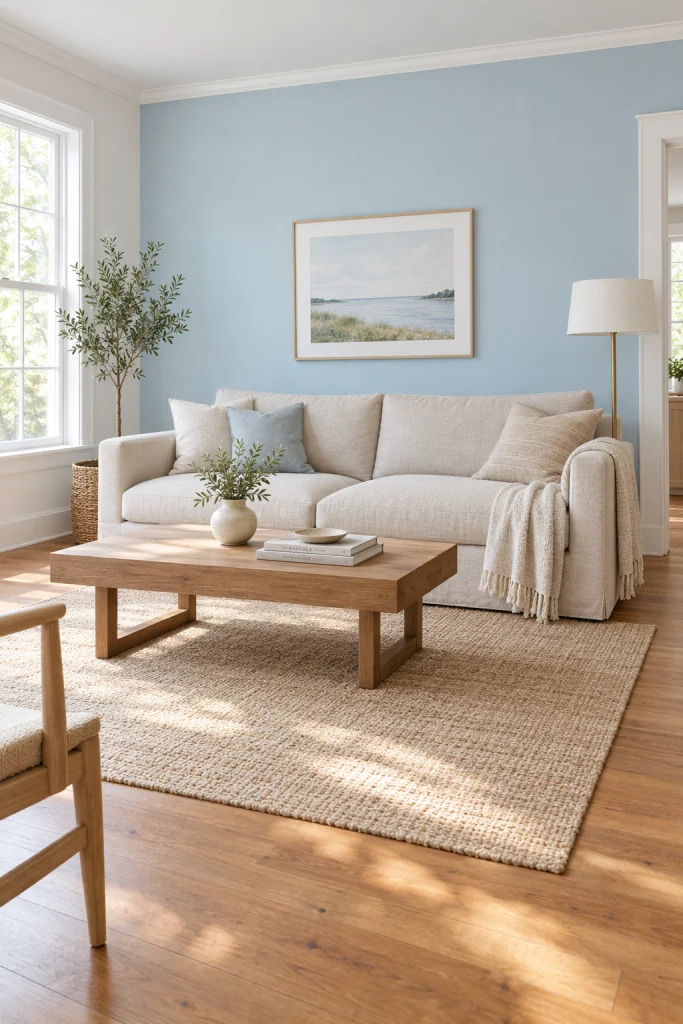 Pale blue accent wall behind a beige sofa in a light, airy living room