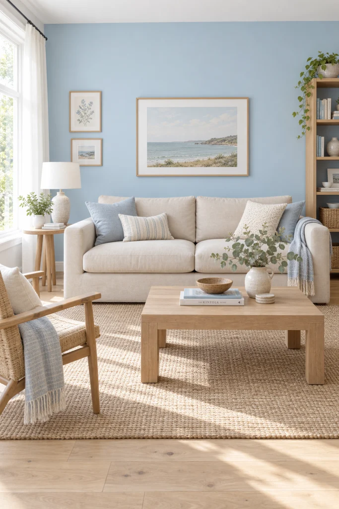 Powder blue accent wall with beige sofa in airy living room