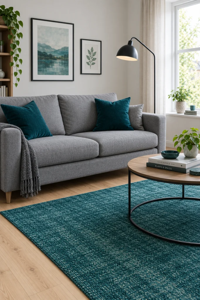 Grey sofa styled with teal throw pillows and teal accent rug