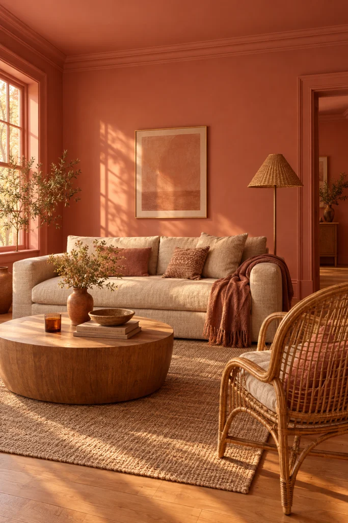 Terracotta pink color-drenched living room with oatmeal beige sofa