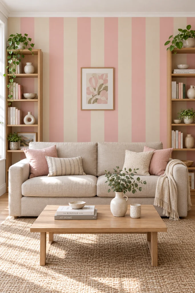Wide pink and beige striped accent wall behind a beige sofa