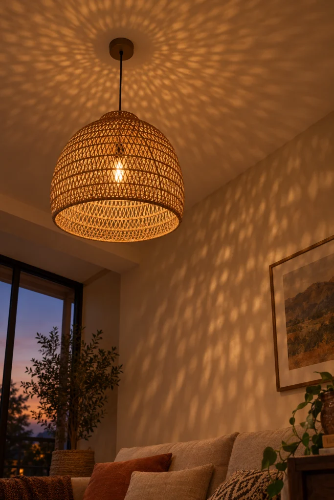 Woven rattan pendant light in a modern boho living room