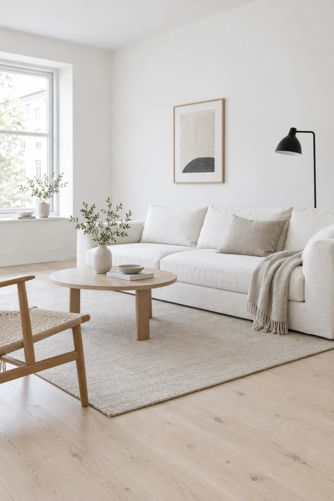 All-white Scandinavian living room with pale wood floors and a black accent lamp