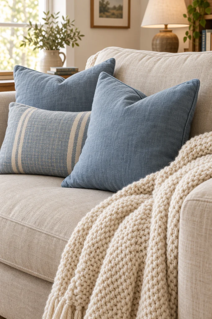 Beige linen sofa with dusty blue throw pillows