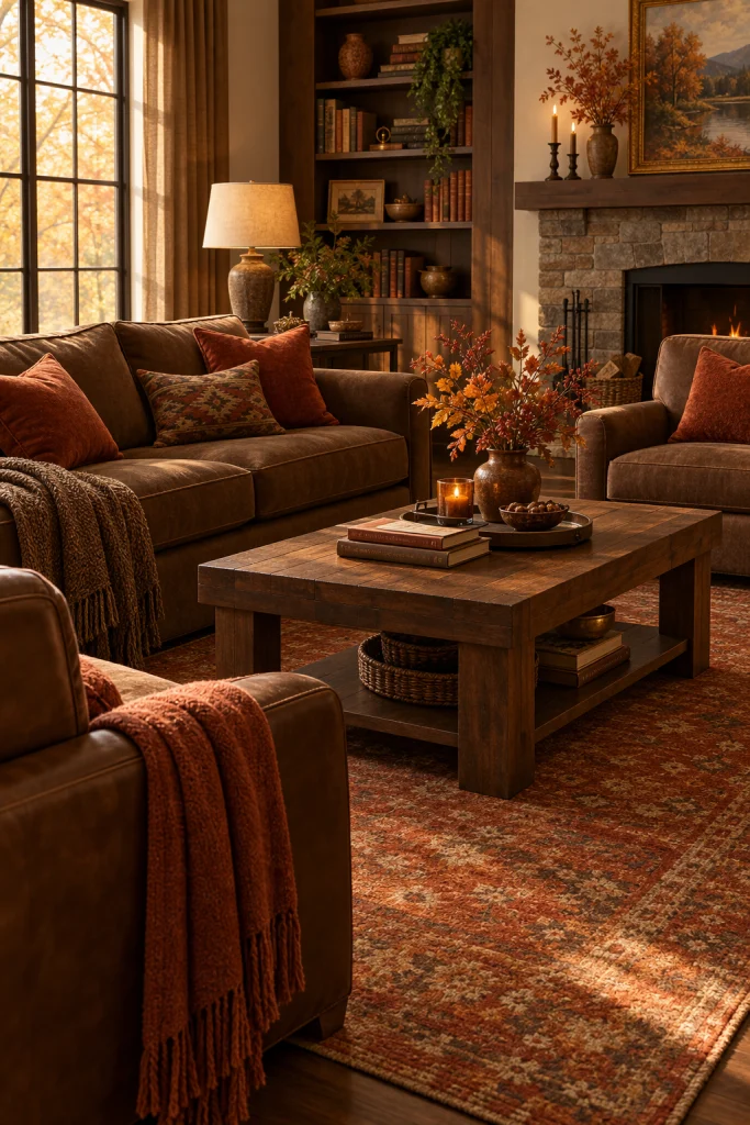 Brown living room styled with rust colored rug and pillows