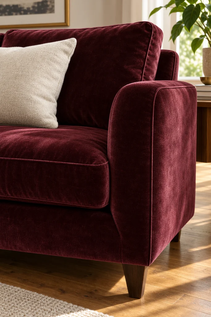 Close up of burgundy velvet sofa texture and sheen