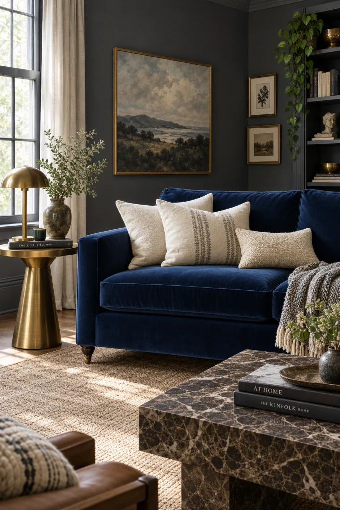 Navy velvet sofa against charcoal grey walls