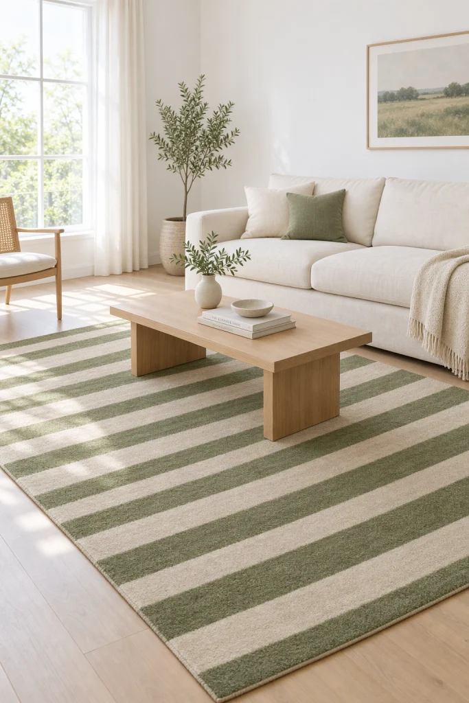 Green and beige striped area rug centerpiece in living room