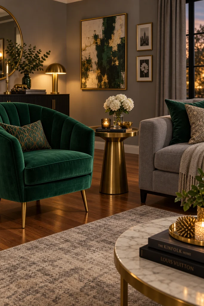 Emerald green velvet chair in grey walled living room