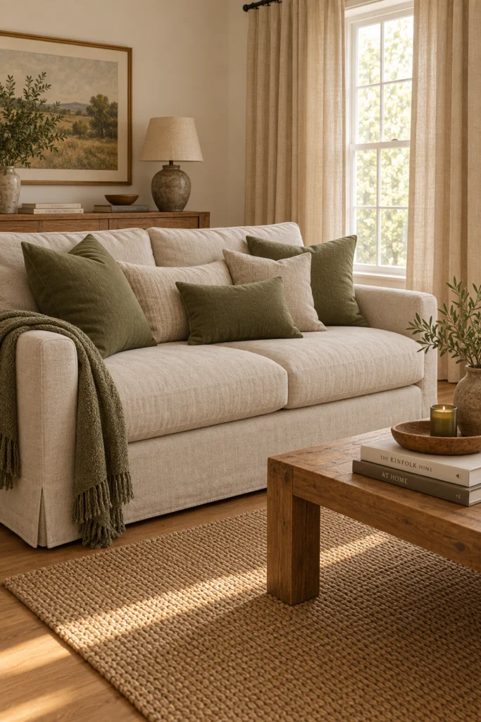 Beige sofa styled with olive green throw pillows
