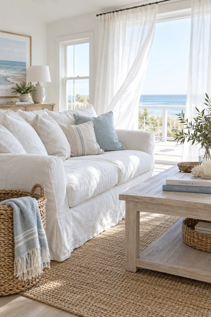 Slipcovered white couch in a relaxed coastal-style living room with linen textures