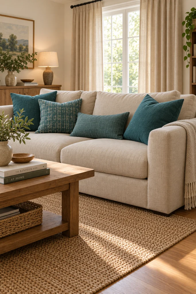 Beige sofa with teal throw pillows in warm neutral living room