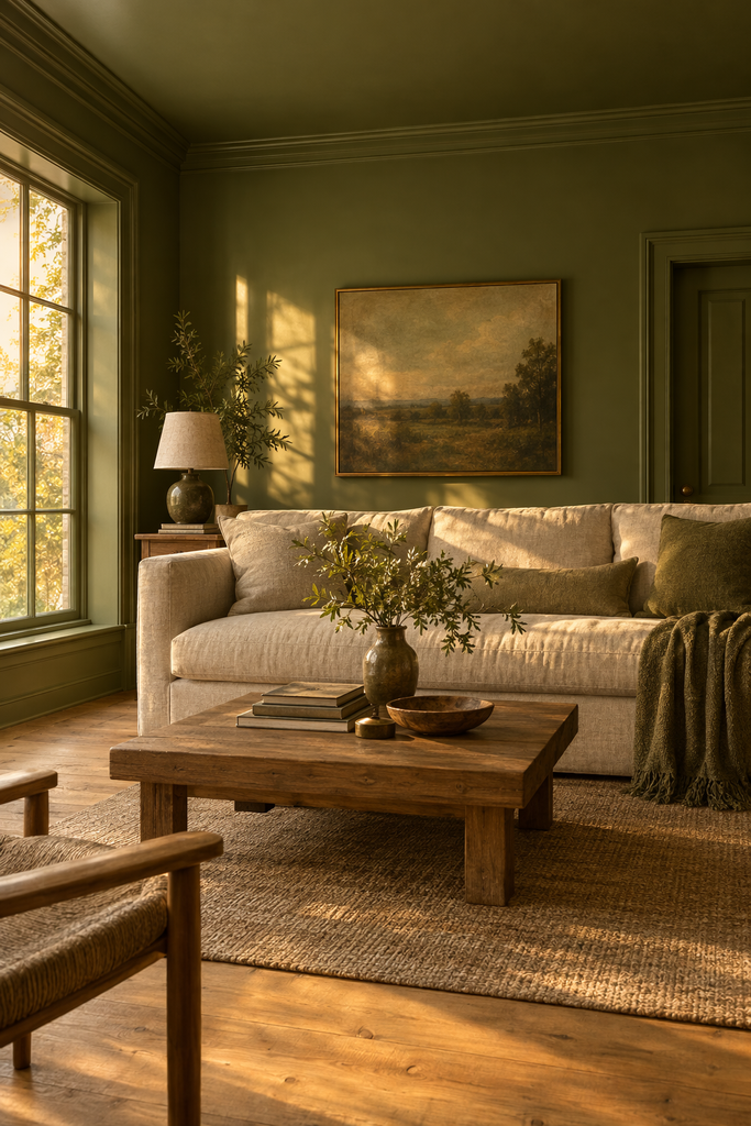 Olive green color-drenched living room with beige linen sofa
