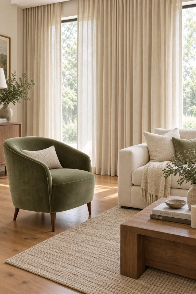 Sage green velvet accent chair with beige curtains in background