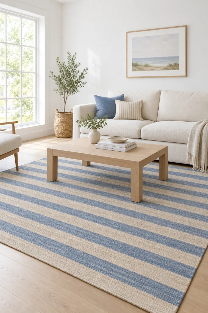 Blue and beige striped area rug centerpiece in living room