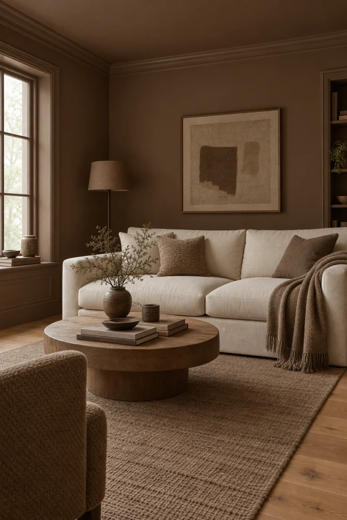 Color drenched mocha brown living room with cream sofa