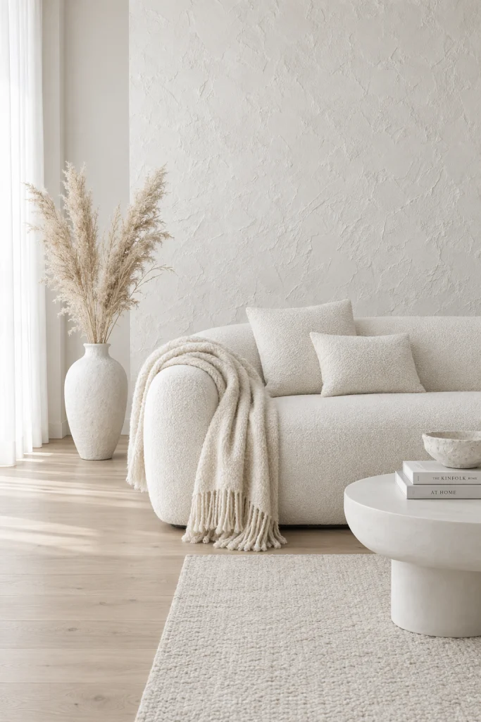 Monochrome white living room with textured white couch, plaster wall and dried grass decor