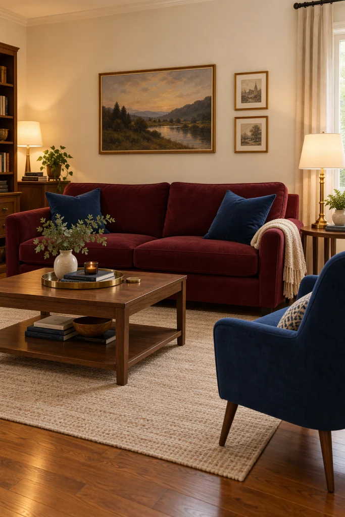 Burgundy sofa styled with navy blue throw pillows