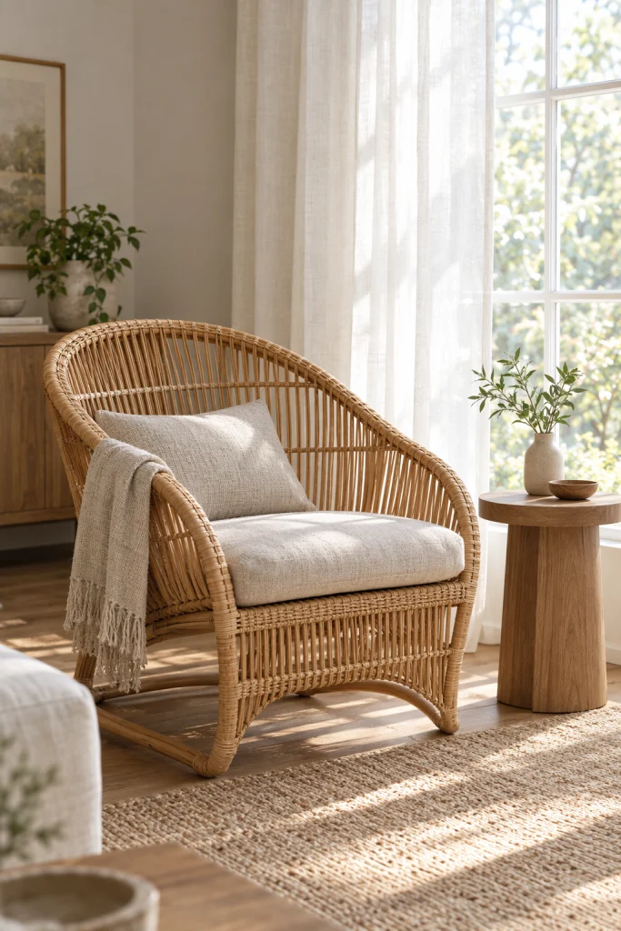 Curved rattan accent chair by a window in a modern boho living room