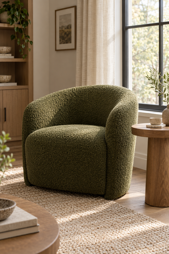Olive green boucle accent chair in a neutral living room