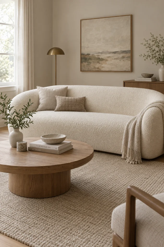 Cream boucle sofa as the centerpiece of a light, neutral living room