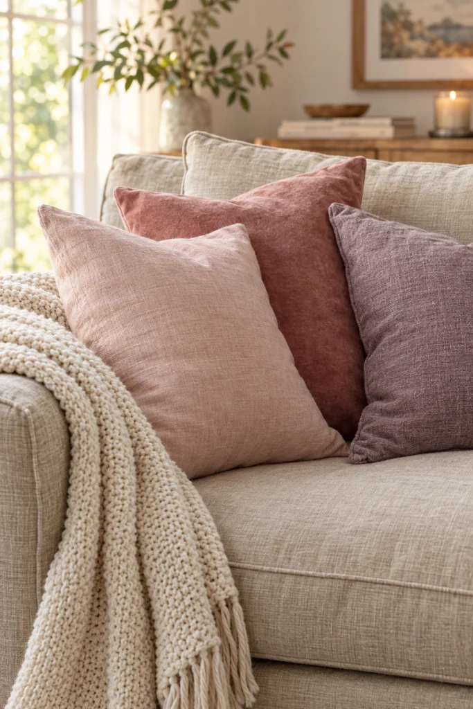 Pink throw pillows and blanket layered on a beige linen sofa