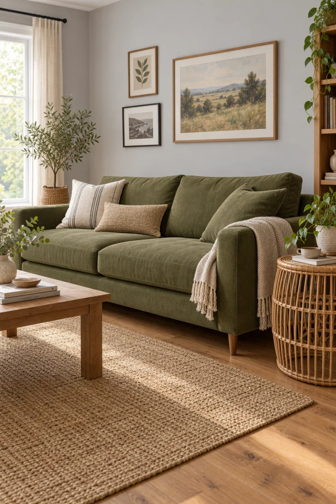 Olive green sofa against light grey walls with rattan accents
