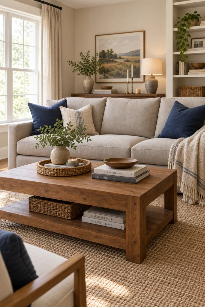 Greige sofa styled with navy blue throw pillows
