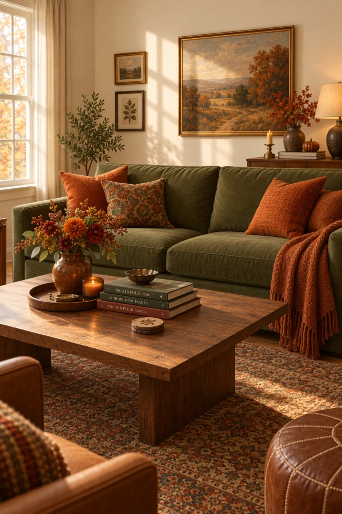 Olive green sofa with burnt orange throw pillows for warm contrast